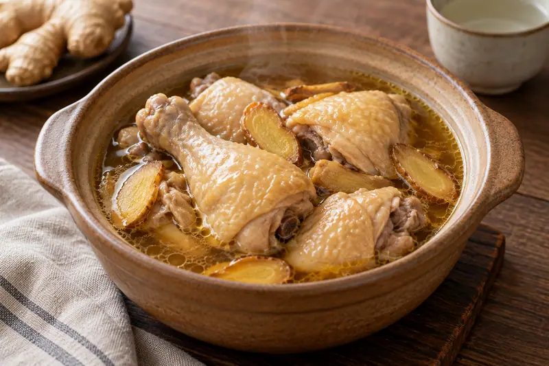 AI illustration: Chicken pieces in amber sesame-oil and rice-wine broth.
