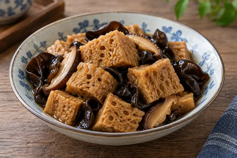 AI illustration: Porous wheat gluten with mushrooms and wood-ear fungus