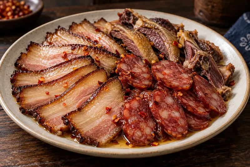 AI illustration: Mixed cured pork, sausage and duck slices after steaming.
