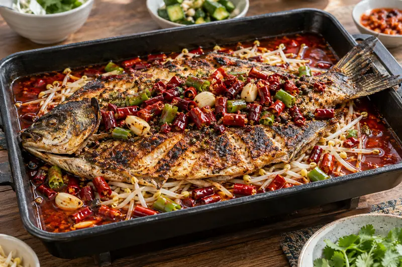 AI illustration: A whole grilled fish in a tray of spicy sauce and vegetables.