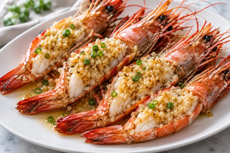 AI illustration: Large prawns topped with finely minced garlic.