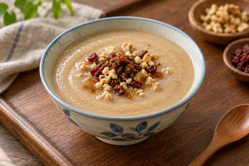 AI illustration: Sweet grain-flour pudding with sugar and small toppings