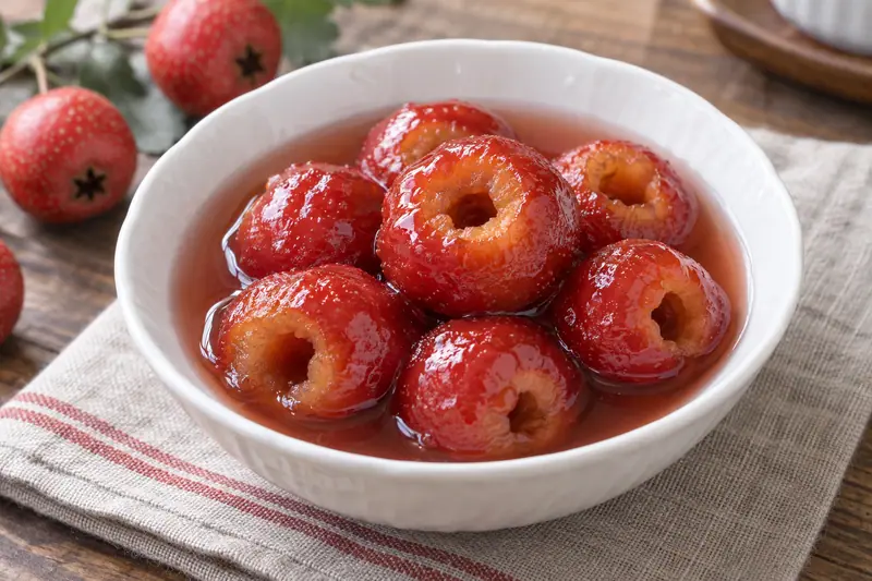 AI illustration: Cored hawthorn fruits in a light red sugar syrup