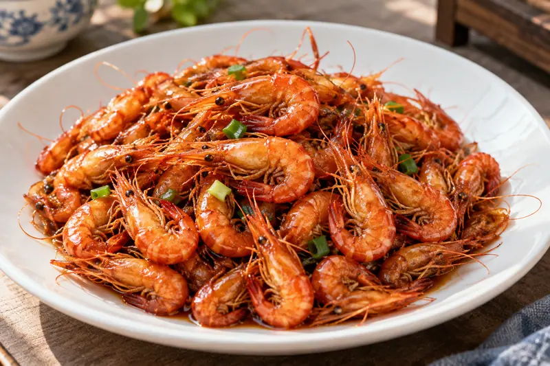 AI illustration: Small shell-on river shrimp coated in a glossy glaze.