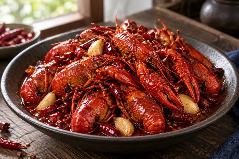 AI illustration: Red crayfish braised with chillies and garlic.