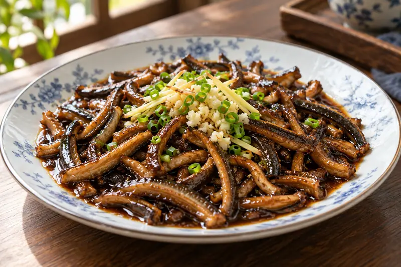 AI illustration: Glossy shredded eel with garlic, ginger and scallion.