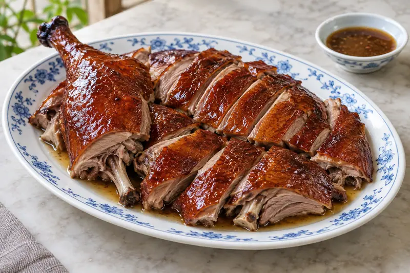 AI illustration: Chopped roast goose with crisp reddish-brown skin.