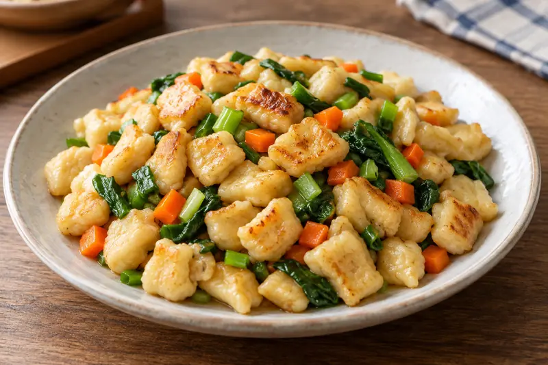 AI illustration: Small stir-fried wheat dough nuggets with diced vegetables