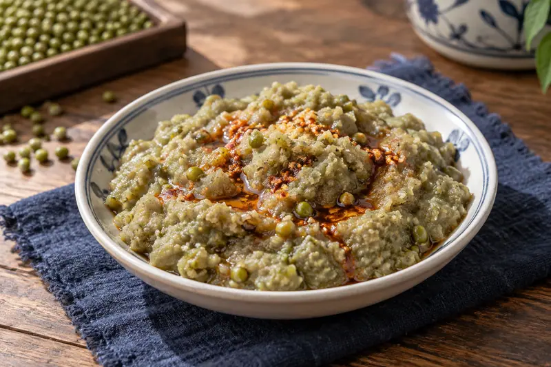 AI illustration: Cooked fermented mung-bean pulp with a light chilli-oil finish