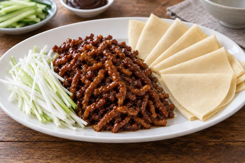 AI illustration: Sauced pork strips with scallion shreds and thin tofu-skin sheets.
