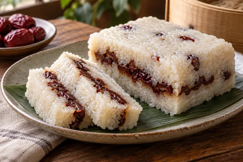 AI illustration: Slices of dense sticky-rice cake with red dates