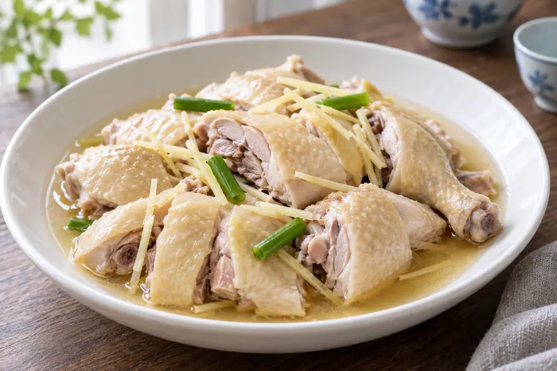 AI illustration: Cold cooked chicken pieces in a light rice-wine marinade.
