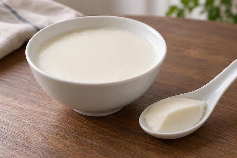 AI illustration: Soft set milk curd in a small porcelain bowl