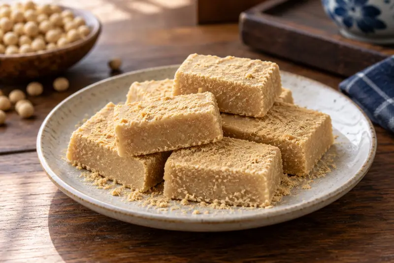 AI illustration: Tan soybean-flour candy cut into small pieces