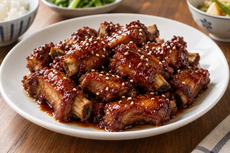 AI illustration: Small bone-in pork ribs coated with a glossy sweet-and-sour glaze.