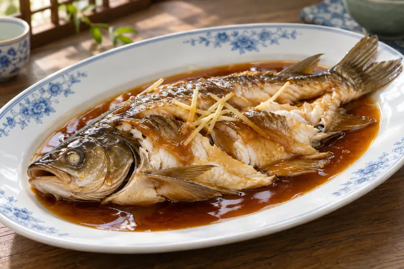 AI illustration: Poached freshwater fish covered with a glossy vinegar sauce.