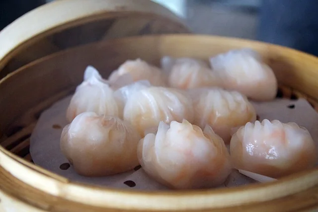 Har gow shrimp dumplings, one example of Cantonese dim sum.