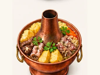 Naxi copper hotpot · 纳西铜火锅 · AI dish illustration