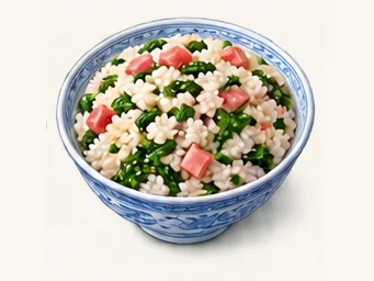 Rice with salted pork and greens · 咸肉菜饭 · AI dish illustration