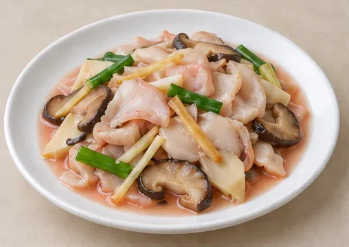 Sliced Sea Snail with Red Rice Lees (淡糟香螺片): Thin curled ivory snail slices with mushroom and bamboo shoot in a pale rosy lees sauce, modest ginger and scallion. AI dish illustration; not a restaurant photograph.