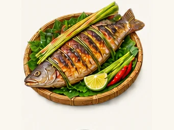 Dai lemongrass grilled fish · 香茅草烤鱼 · AI dish illustration