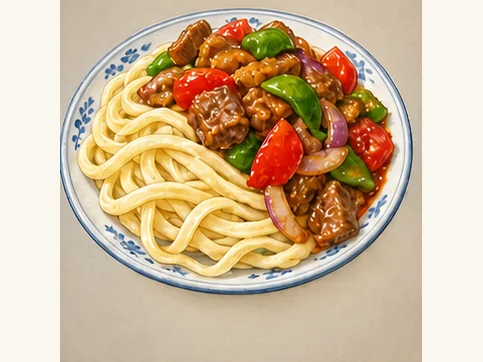 Tokxun mixed noodles · 托克逊拌面 · AI dish illustration