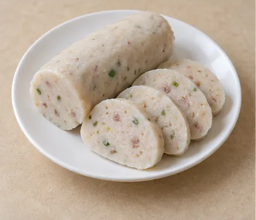 Chongwu Steamed Fish Rolls (崇武鱼卷): Pale steamed fish-paste cylinder and thick oblique slices with fine scallion and pork flecks, without pastry or spiral layers. AI dish illustration; not a restaurant photograph.