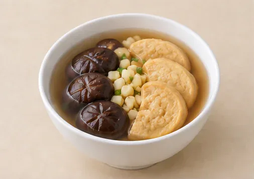 Half Moon in the River Soup (半月沉江): Contrasting mushroom and gluten sides express the dish's half-moon arrangement. AI dish illustration.