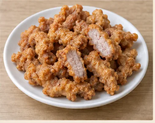 Quanzhou Fried Vinegar Pork (醋肉): Irregular golden fried pork pieces with a craggy starch crust, one opened to show cooked pale loin, without a red sauce coating. AI dish illustration; not a restaurant photograph.
