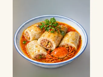 Beihai fish-wrapped pork with crab sauce · 北海沙蟹汁鱼包肉 · AI dish illustration