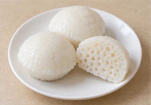 Xinhua Steamed Rice Cup Cakes (新化杯子糕): Small glossy white domed rice cup cakes, one cut open to reveal a moist porous honeycomb interior. AI dish illustration; not a restaurant photograph.
