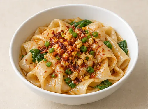 油泼面 · Shaanxi Hot-Oil Noodles · AI dish illustration