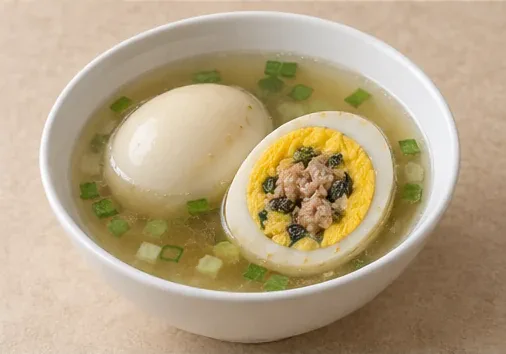 Shunchang Stuffed Duck Eggs (顺昌灌蛋): The cut egg shows yolk surrounding a cooked minced filling inside the white. AI dish illustration.