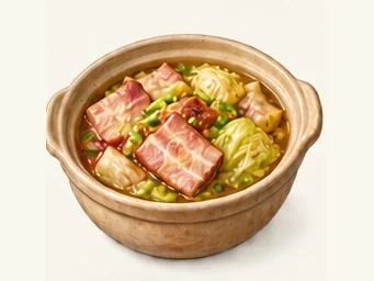Ordos pork and cabbage stew · 腌猪肉烩小白菜 · AI dish illustration