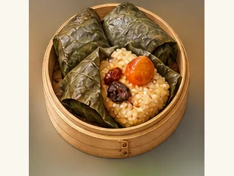 Lotus-leaf sticky rice · 糯米鸡 · AI dish illustration