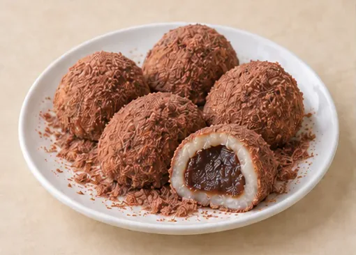 擂沙圆 · Leisha Rice Balls with Red-Bean Powder · AI dish illustration