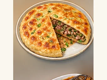 Mongoljin stuffed flatbread · 蒙古勒津馅饼 · AI dish illustration