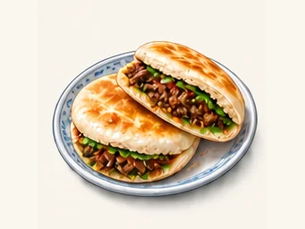 Leshan beef stuffed flatbread · 牛肉咔饼 · AI dish illustration