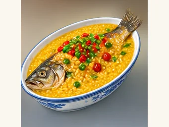 Yueyang mandarin fish with millet · 小米煮桂鱼 · AI dish illustration