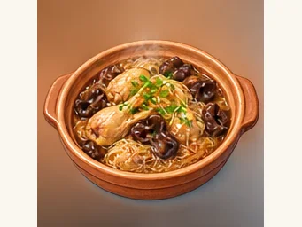 Chicken with hazel mushrooms and noodles · 家鸡榛蘑粉 · AI dish illustration