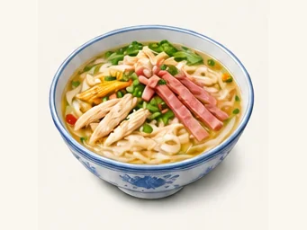 Huili chicken-and-ham rice cakes · 会理鸡火丝饵块 · AI dish illustration