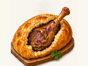 Lamb leg baked inside bread · 面包羊腿 · AI dish illustration