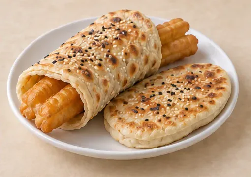 大饼油条 · Baked Flatbread with Fried Dough · AI dish illustration