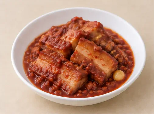 Pork in Red Rice-Wine Lees (红糟肉): Layered pork belly and visibly grainy brick-red lees distinguish this from ordinary soy-braised pork. AI dish illustration.