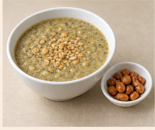 Anhua Pounded Tea (安化擂茶): Opaque pale green-beige grainy tea with toasted rice, accompanied by a small dish of roasted peanuts. AI dish illustration; not a restaurant photograph.