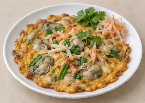 Fujian Oyster Omelette (海蛎煎（蚵仔煎）): Golden irregular egg-and-starch omelette with visible cooked oysters, green garlic, small crab and pork shreds, and restrained documented garnish. AI dish illustration; not a restaurant photograph.
