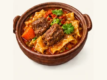 Huyang lamb with braised bread · 胡杨焖饼 · AI dish illustration