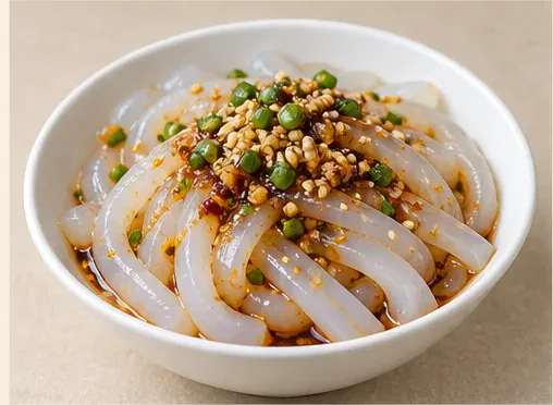 Scraped Mung-Bean Jelly Noodles (刮凉粉): Long milky translucent jelly strips with restrained soy-vinegar dressing, garlic, scallion, sesame and chilli. AI dish illustration; not a restaurant photograph.