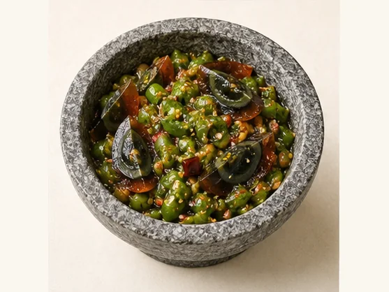 Pounded chillies with century eggs · 擂辣椒皮蛋 · AI dish illustration