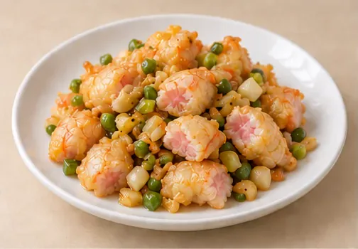 炸烹虾段 · Crisp-Fried Prawn Pieces with Aromatics · AI dish illustration
